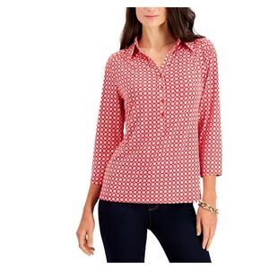 Charter Club Printed Split-Neck Top Ravishing Red Combo S